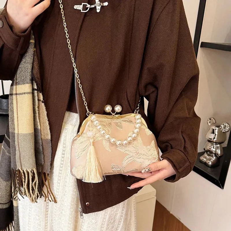 Embroidery Beaded Chain Crossbody Bag