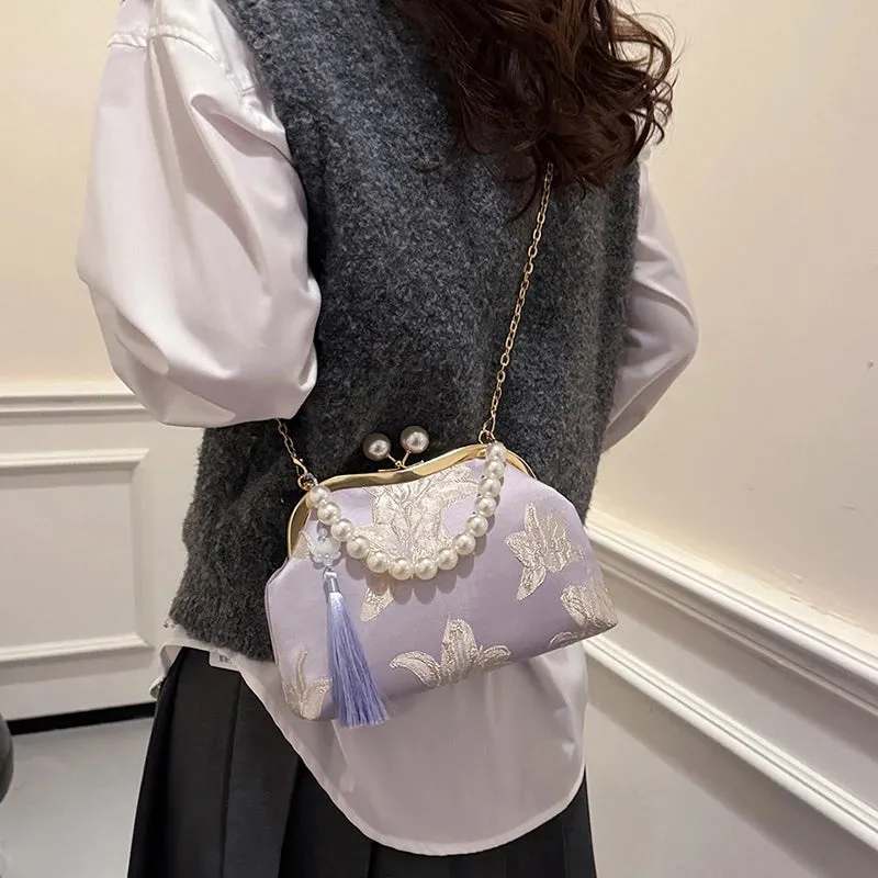 Embroidery Beaded Chain Crossbody Bag