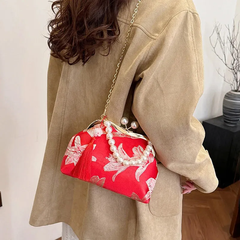 Embroidery Beaded Chain Crossbody Bag