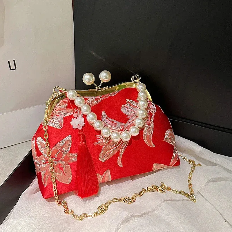 Embroidery Beaded Chain Crossbody Bag