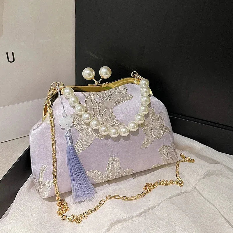 Embroidery Beaded Chain Crossbody Bag