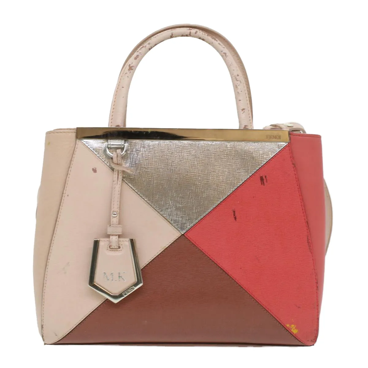 FENDI Hand Bag Leather Pink Silver beige Auth cl260