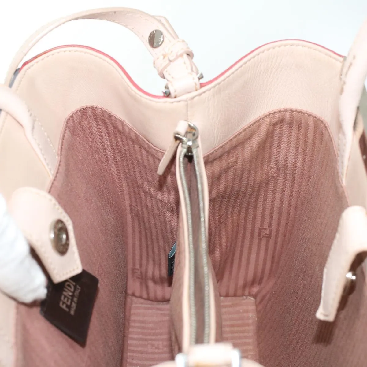 FENDI Hand Bag Leather Pink Silver beige Auth cl260