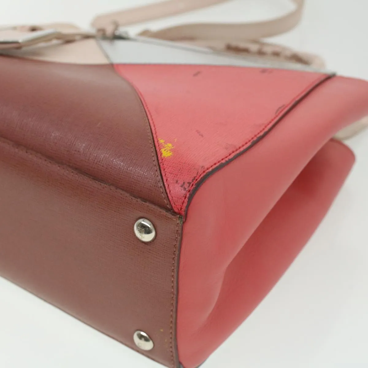 FENDI Hand Bag Leather Pink Silver beige Auth cl260