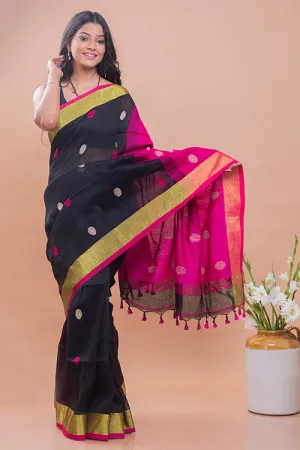 Flowing & Graceful. Soft Handwoven Bengal Linen Saree - Magenta Buti