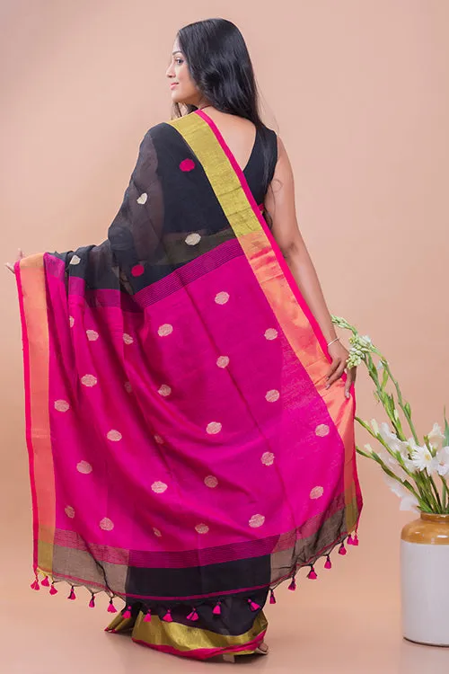 Flowing & Graceful. Soft Handwoven Bengal Linen Saree - Magenta Buti
