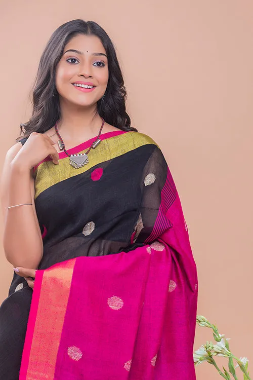 Flowing & Graceful. Soft Handwoven Bengal Linen Saree - Magenta Buti
