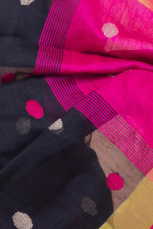 Flowing & Graceful. Soft Handwoven Bengal Linen Saree - Magenta Buti
