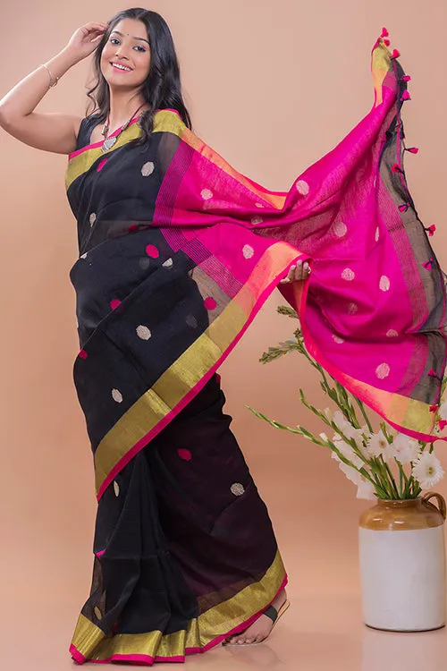 Flowing & Graceful. Soft Handwoven Bengal Linen Saree - Magenta Buti