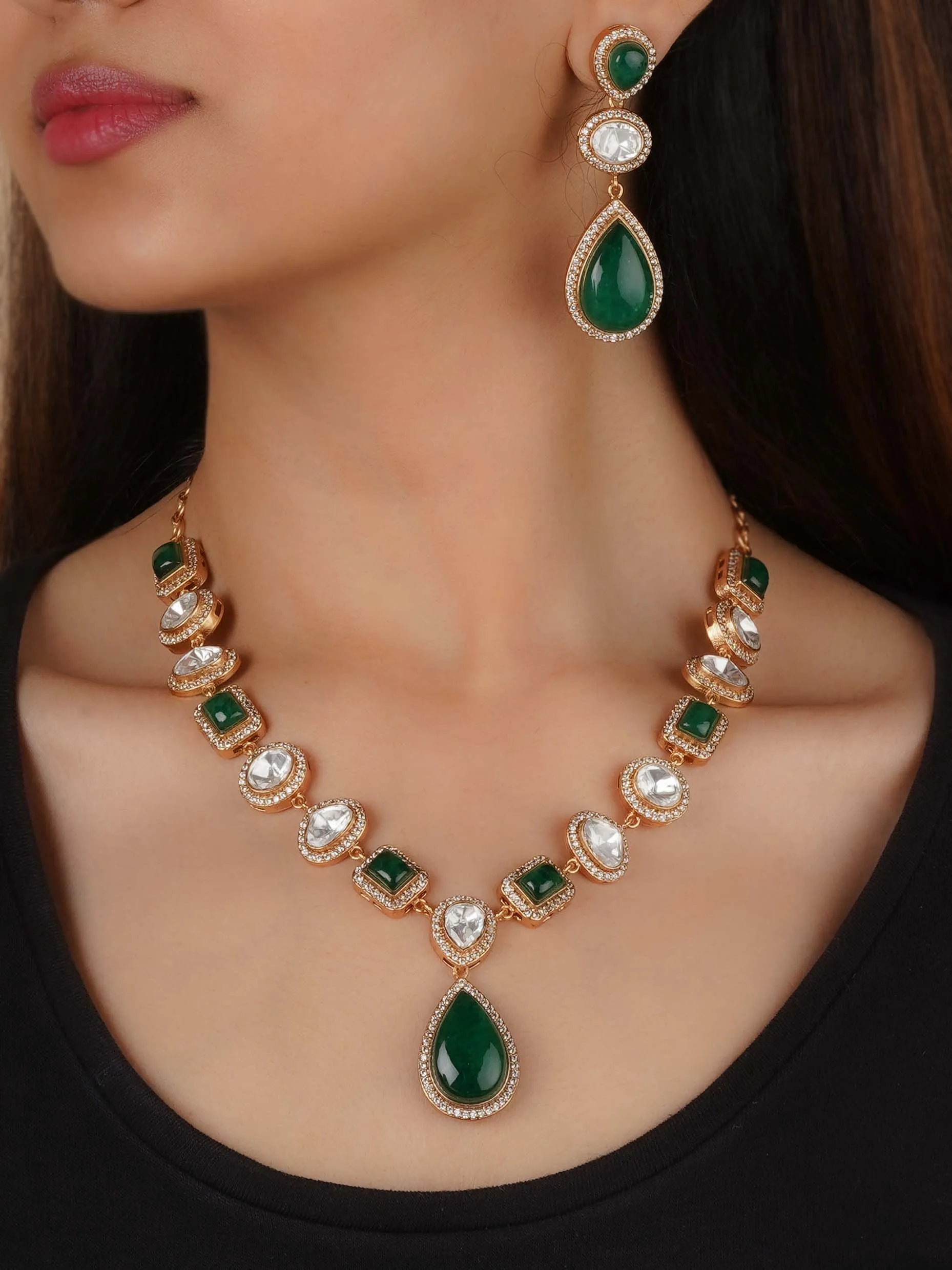 Gold Plated Faux Polki Necklace Set - PK-S198