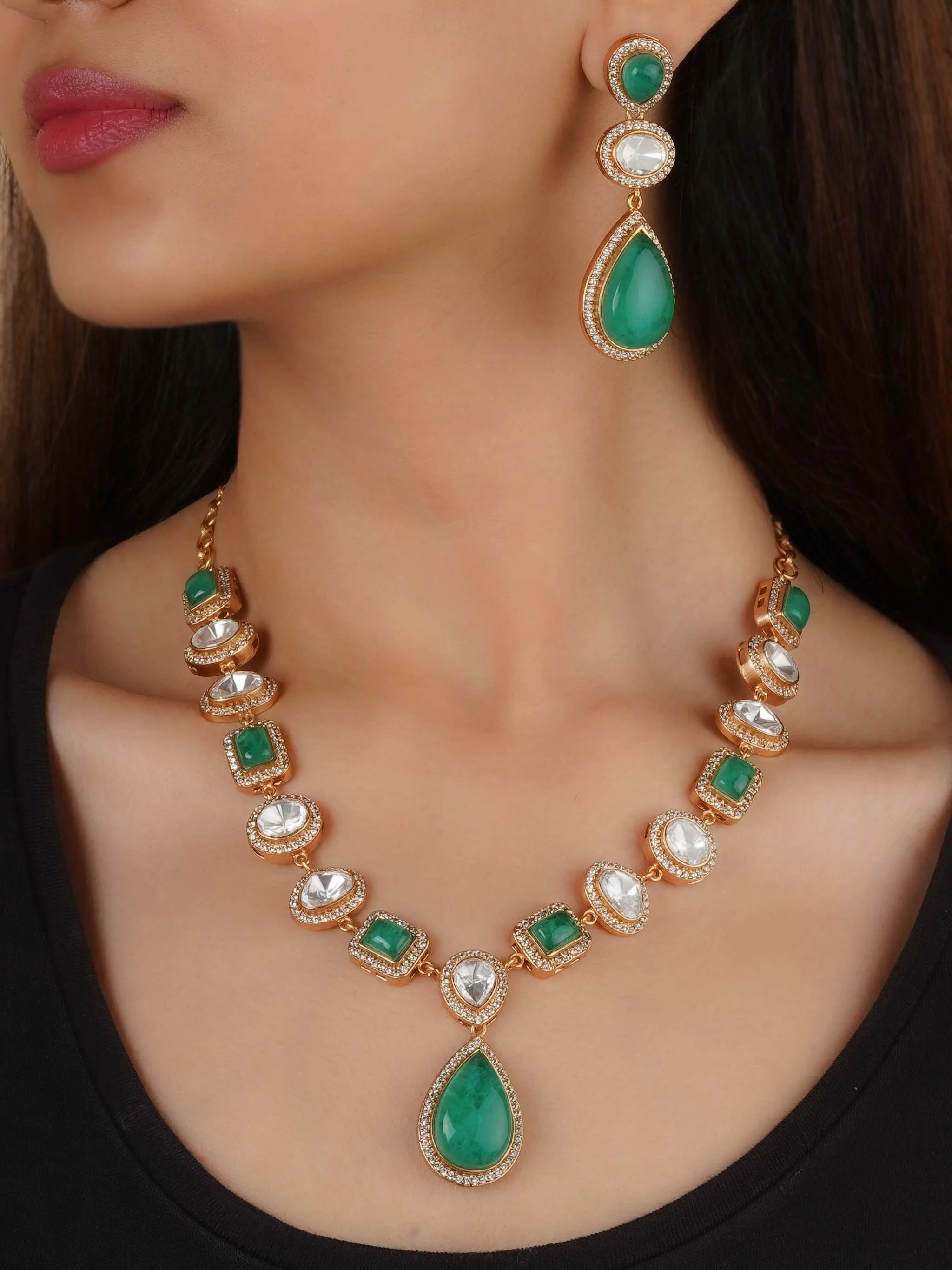 Gold Plated Faux Polki Necklace Set - PK-S198