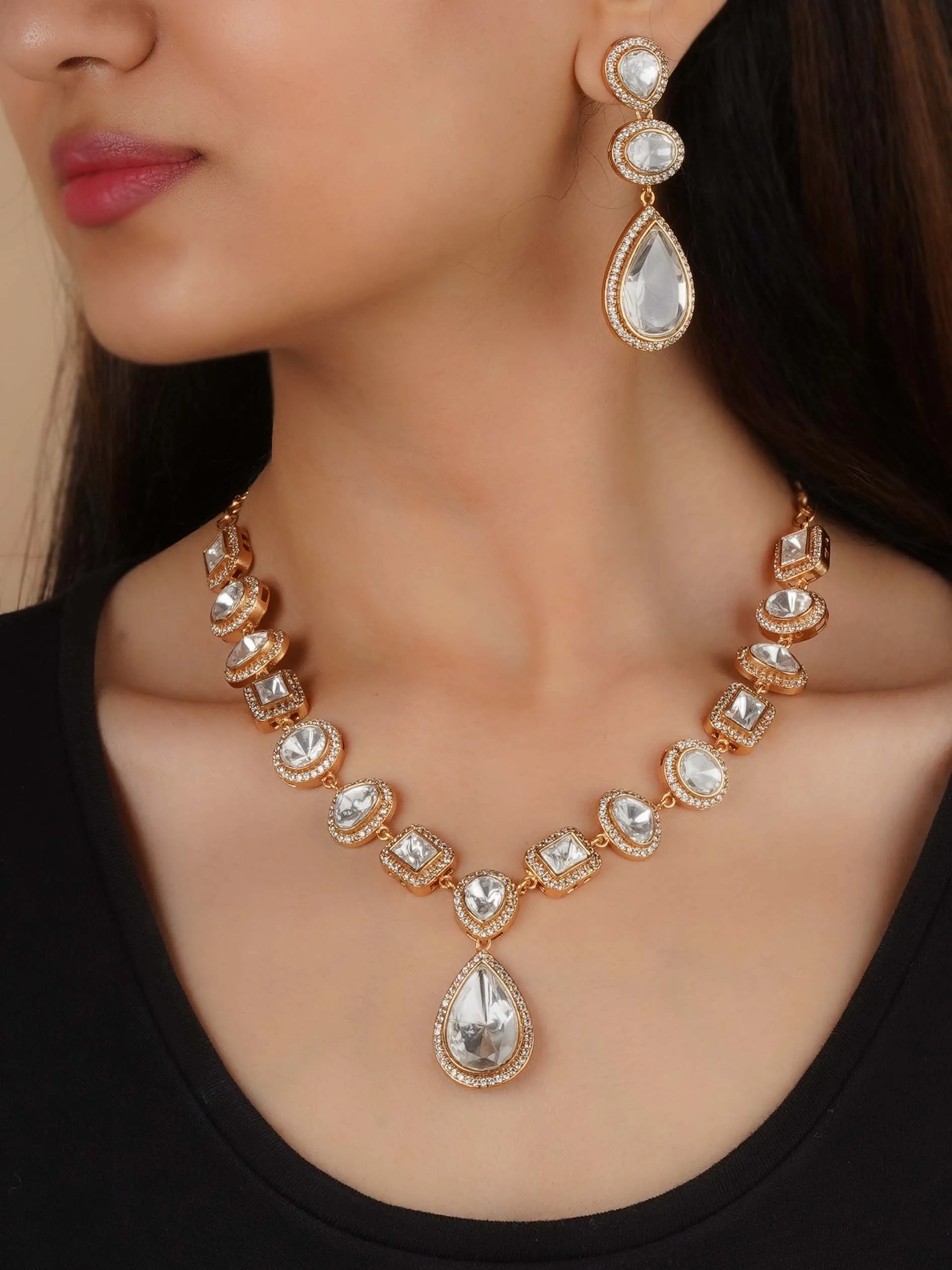 Gold Plated Faux Polki Necklace Set - PK-S198