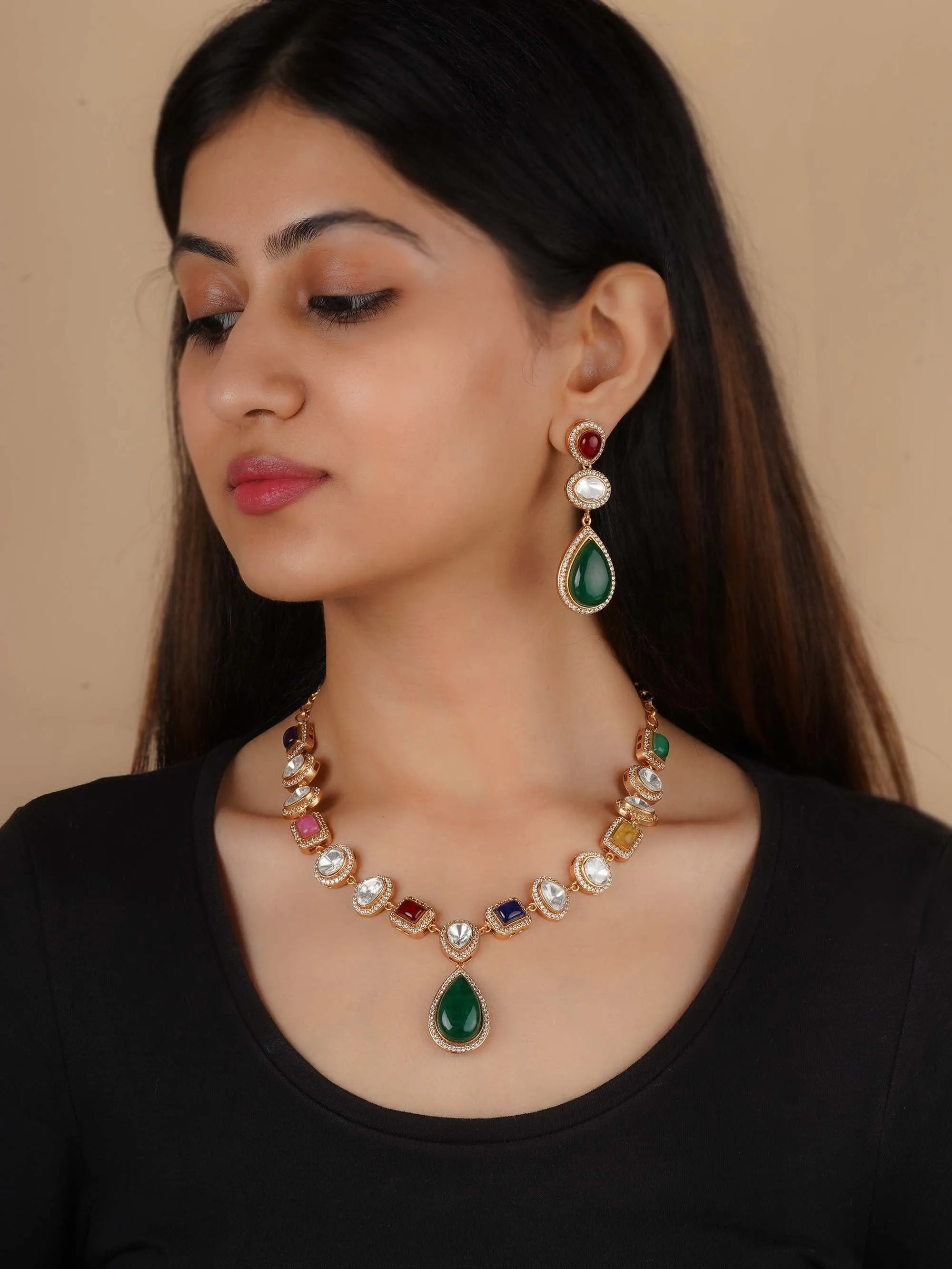 Gold Plated Faux Polki Necklace Set - PK-S198