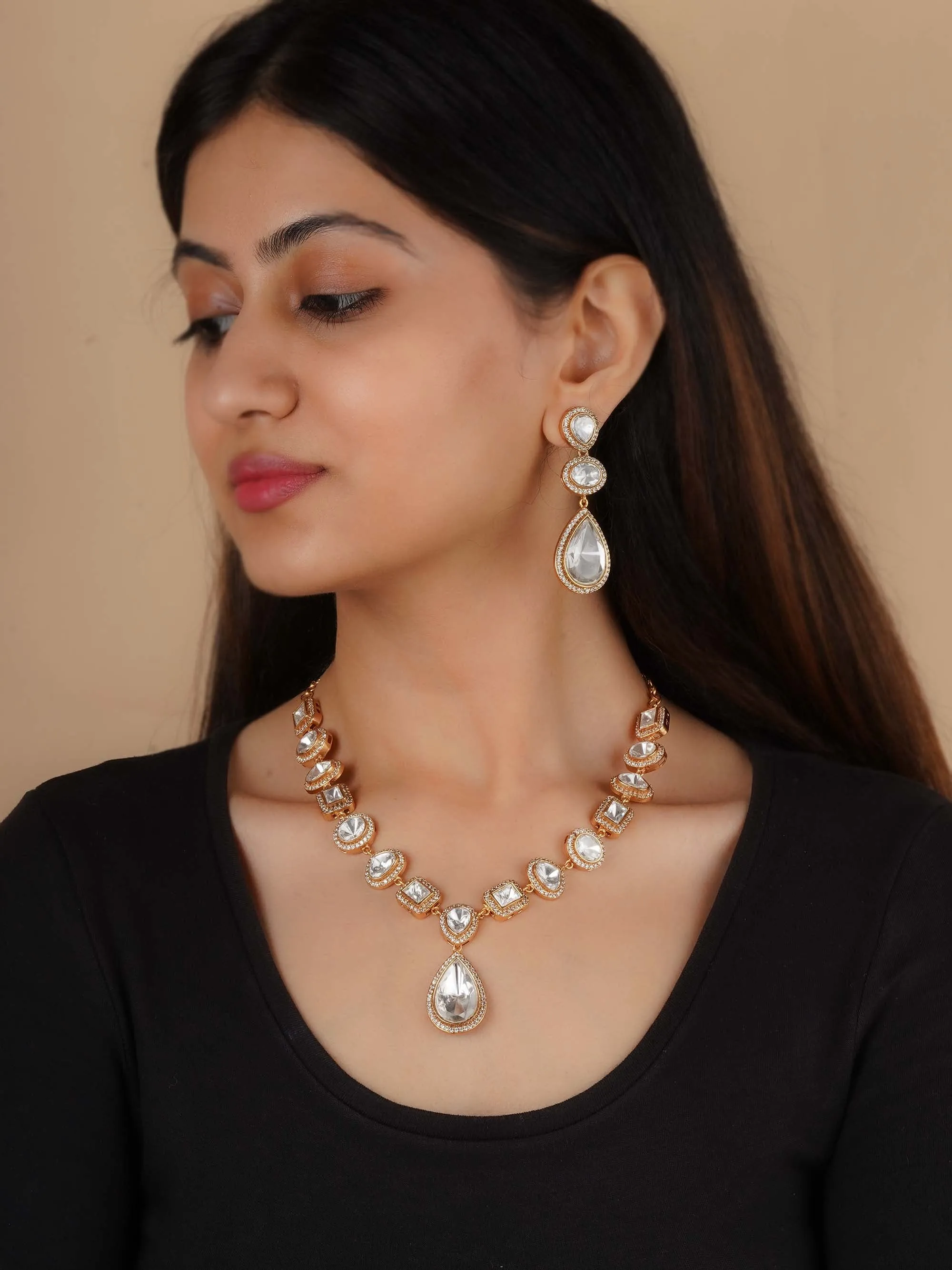 Gold Plated Faux Polki Necklace Set - PK-S198