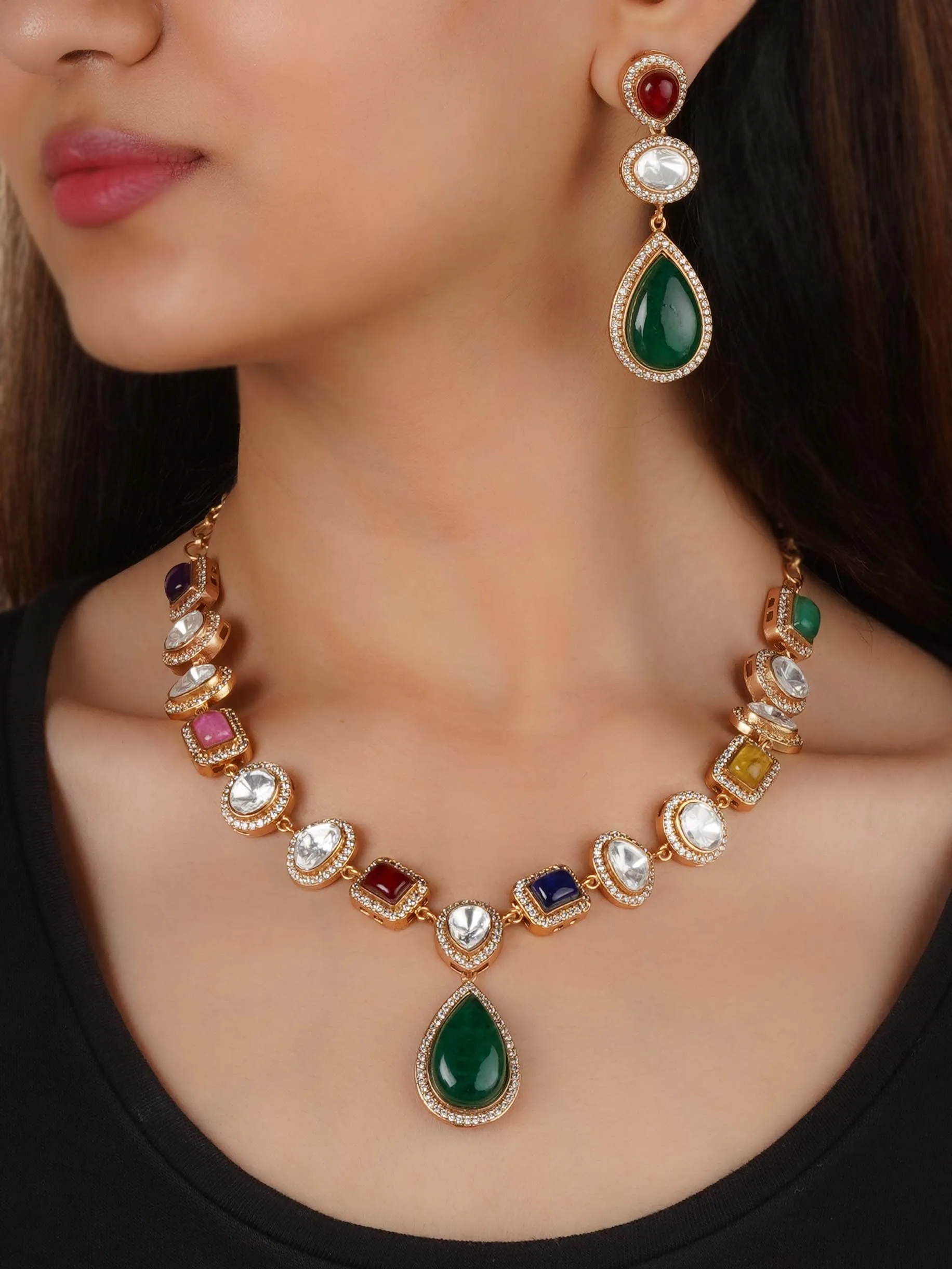 Gold Plated Faux Polki Necklace Set - PK-S198