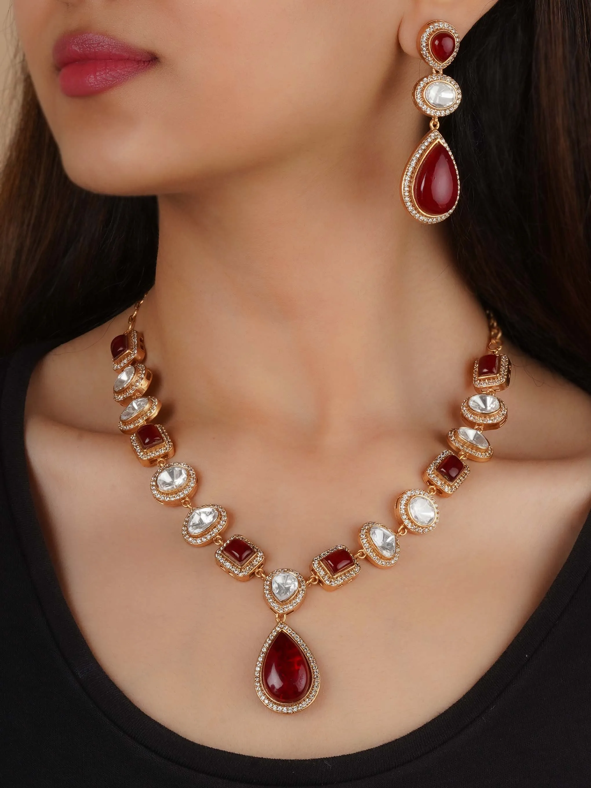 Gold Plated Faux Polki Necklace Set - PK-S198