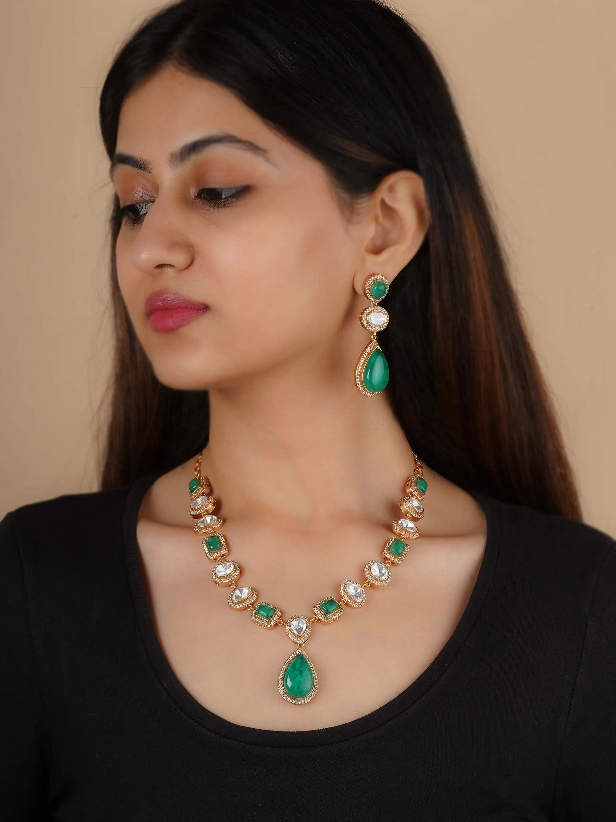 Gold Plated Faux Polki Necklace Set - PK-S198
