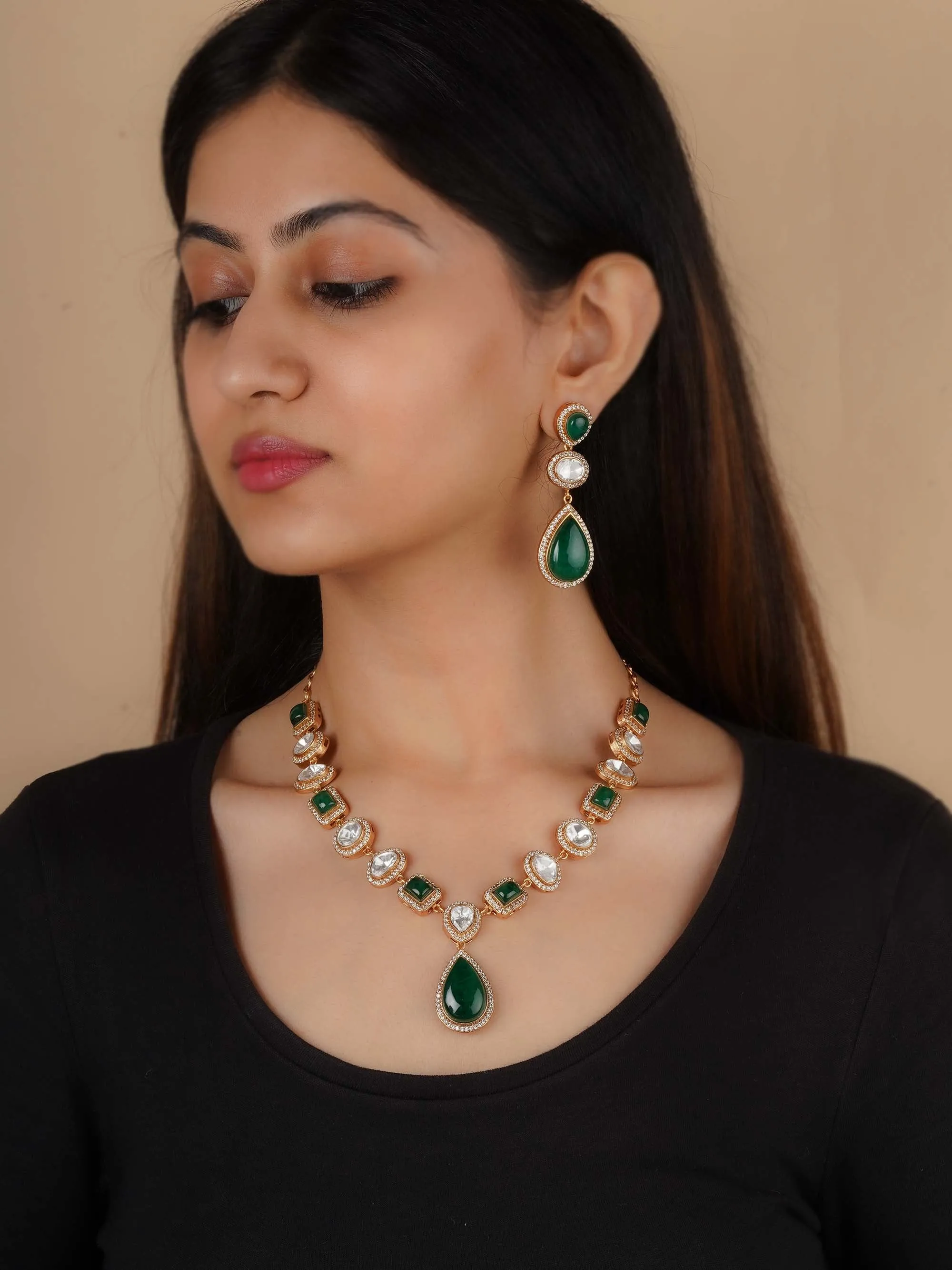 Gold Plated Faux Polki Necklace Set - PK-S198