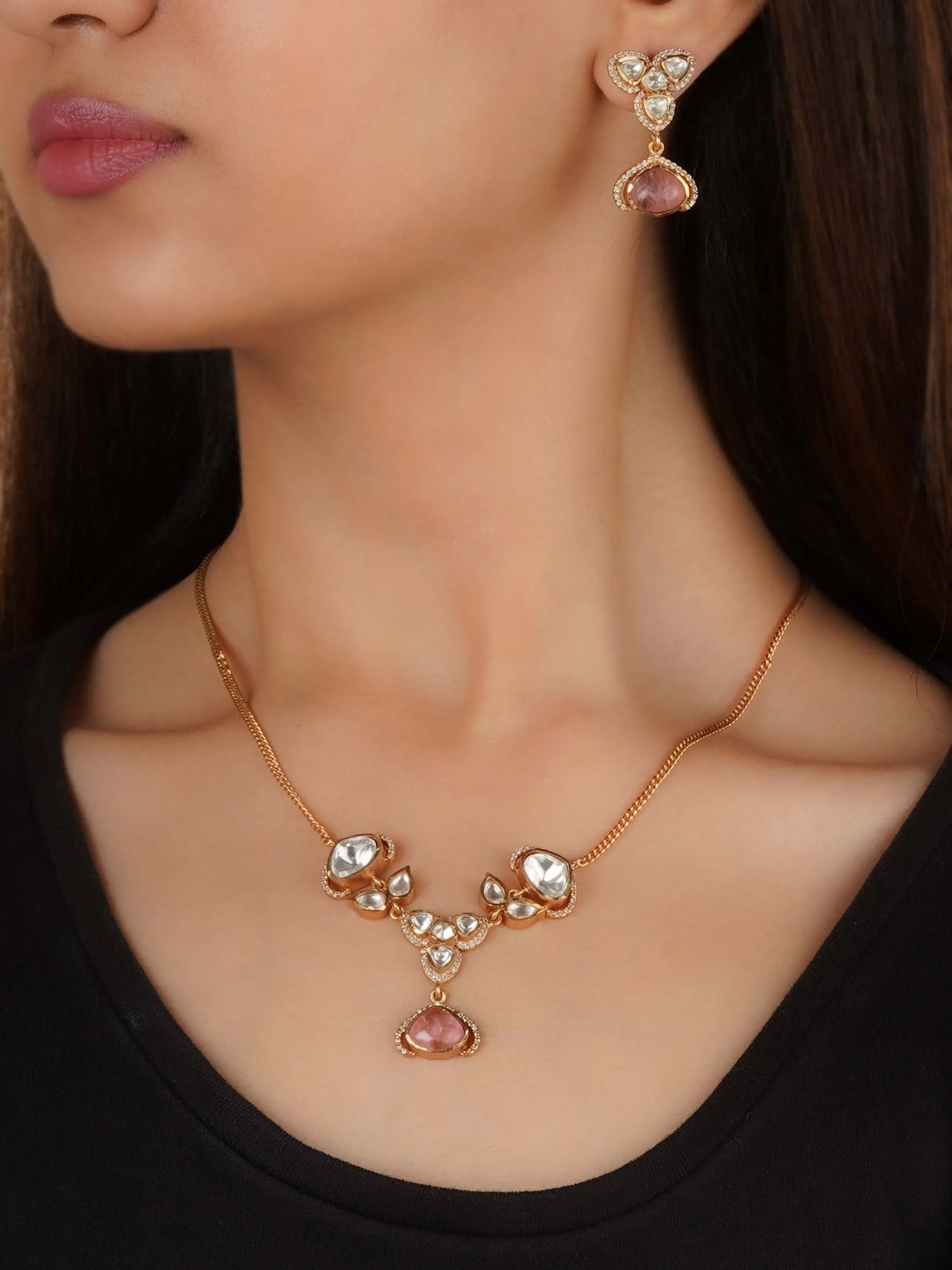 Gold Plated Faux Polki Necklace Set - PK-S267