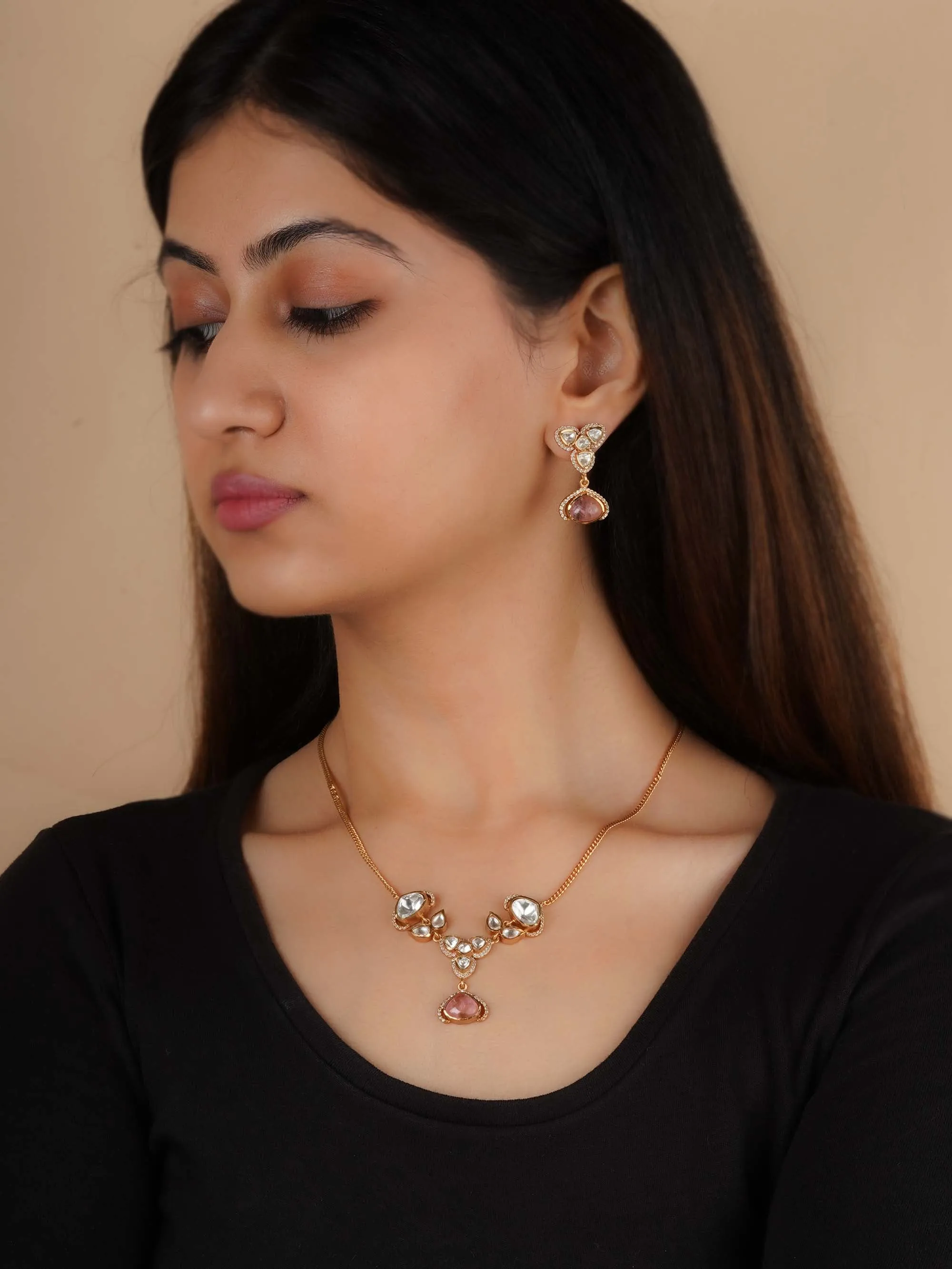 Gold Plated Faux Polki Necklace Set - PK-S267