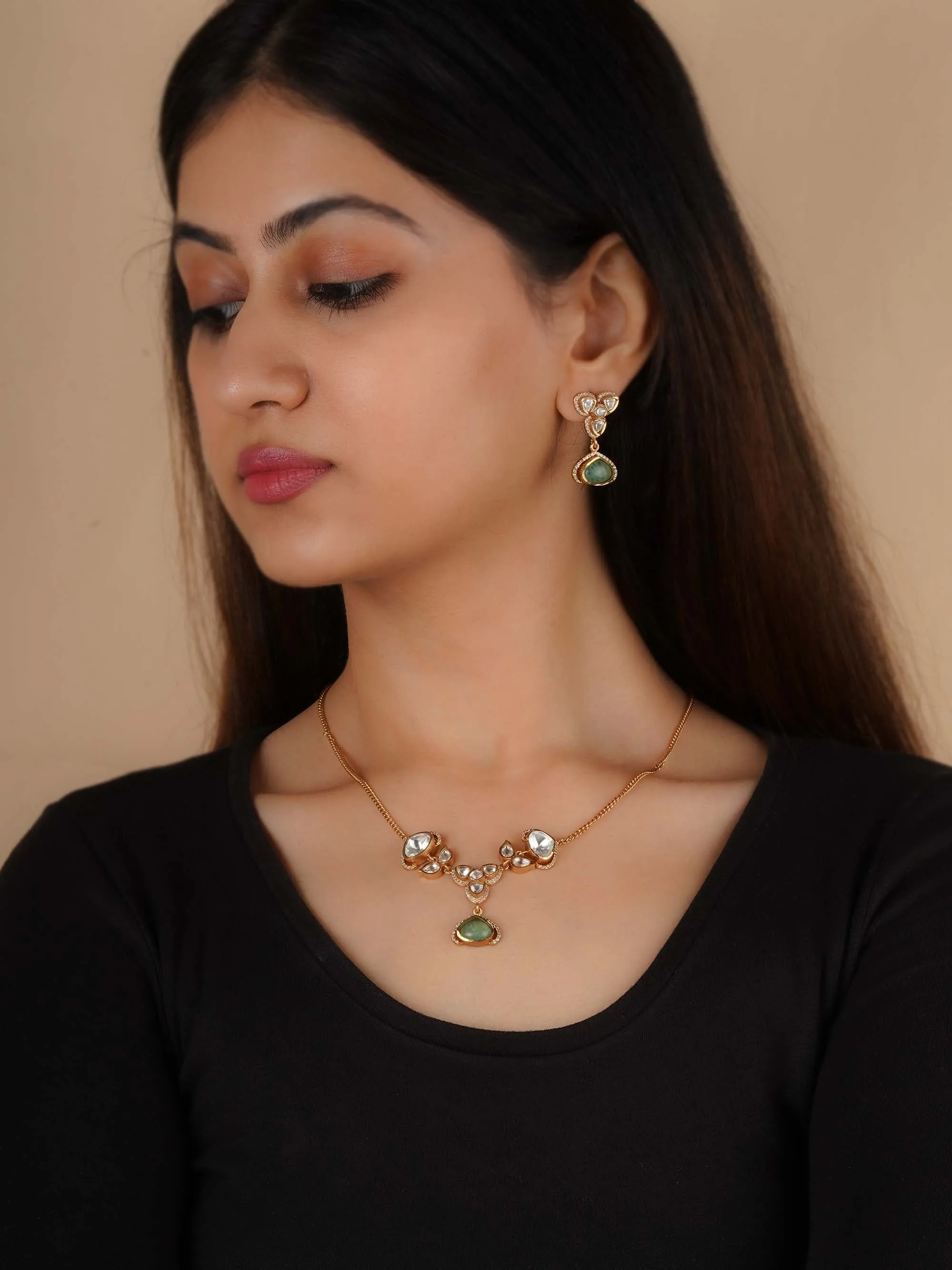 Gold Plated Faux Polki Necklace Set - PK-S267