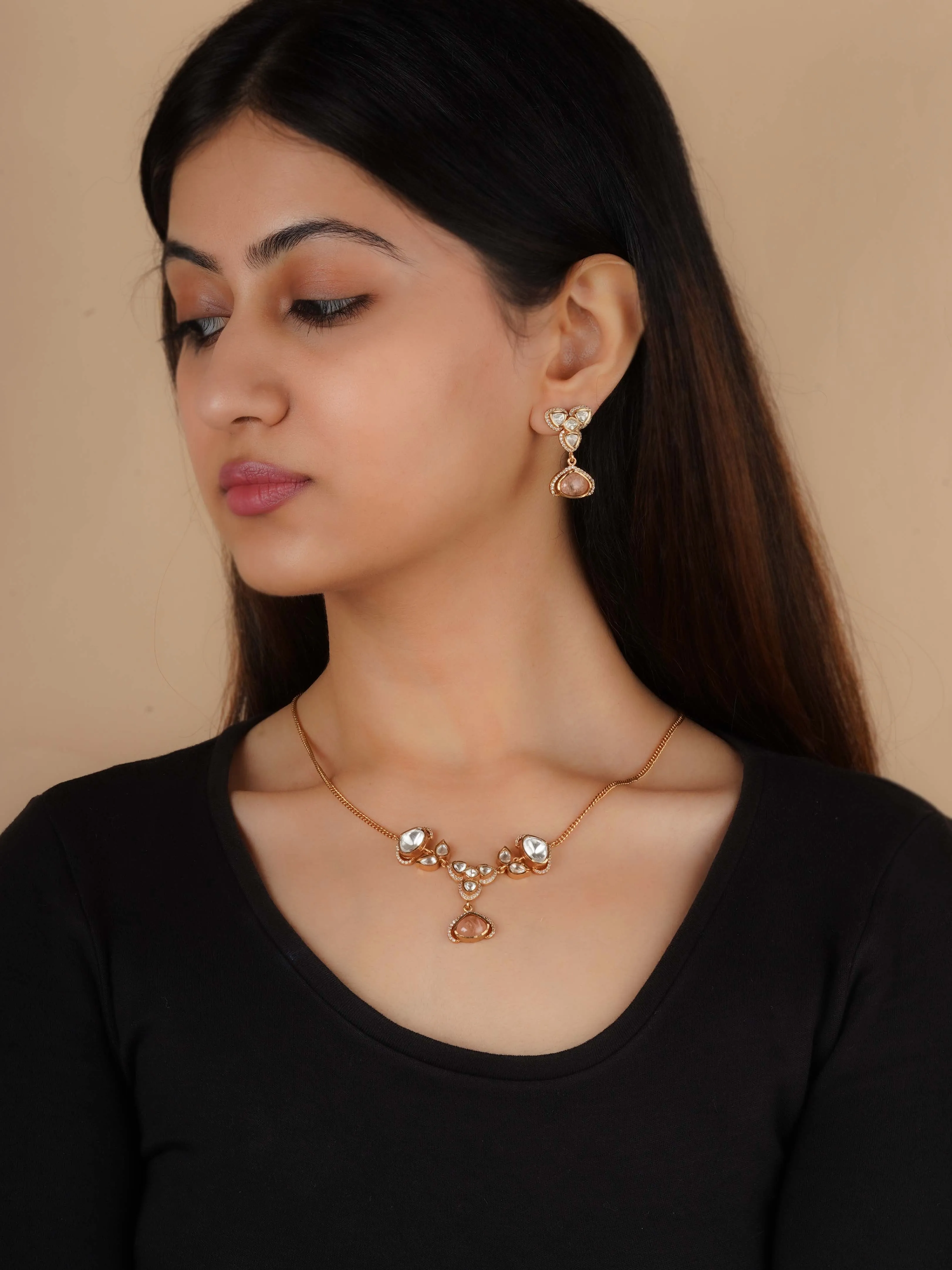 Gold Plated Faux Polki Necklace Set - PK-S267