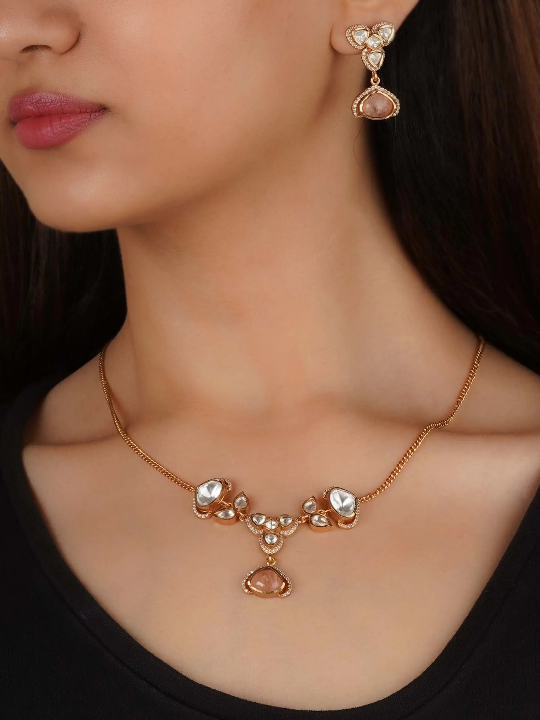 Gold Plated Faux Polki Necklace Set - PK-S267