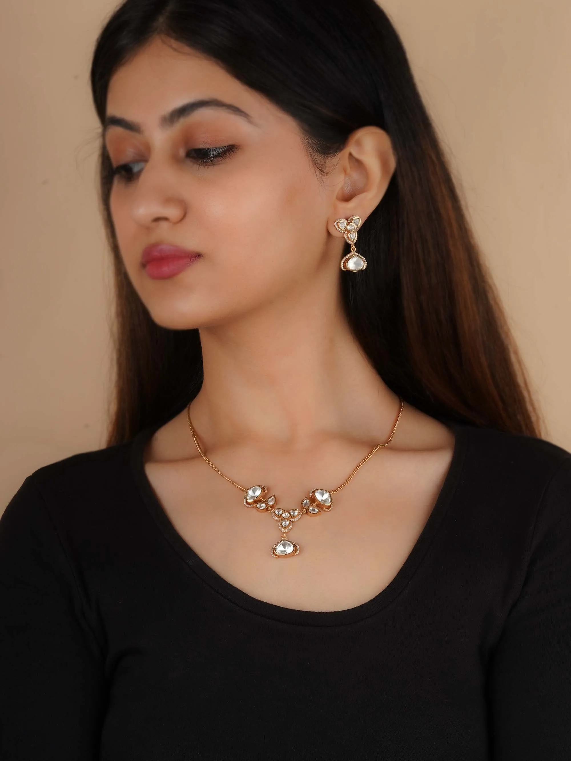 Gold Plated Faux Polki Necklace Set - PK-S267