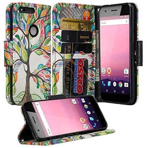 Google Pixel Case, Pu Leather Magnetic Fold[Kickstand] Wallet Case with ID & Card Slots for Google Pixel - Colorful Tree