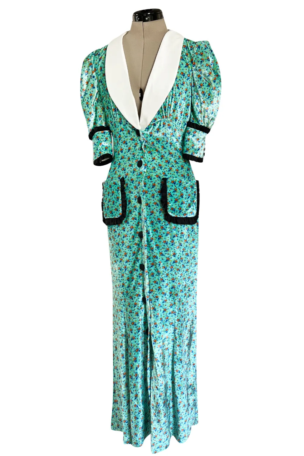 Gorgeous Fall 2017 Alessandra Rich Turquoise Velvet Dress w Ruffle & Collar