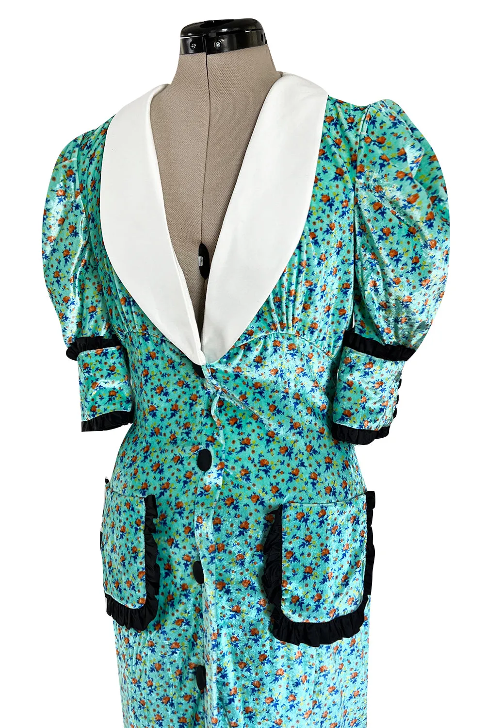 Gorgeous Fall 2017 Alessandra Rich Turquoise Velvet Dress w Ruffle & Collar