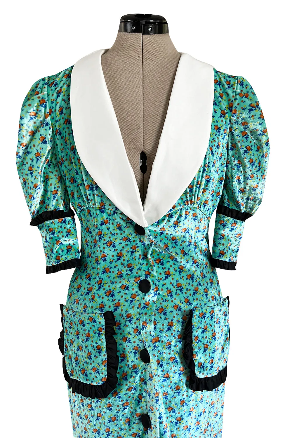 Gorgeous Fall 2017 Alessandra Rich Turquoise Velvet Dress w Ruffle & Collar