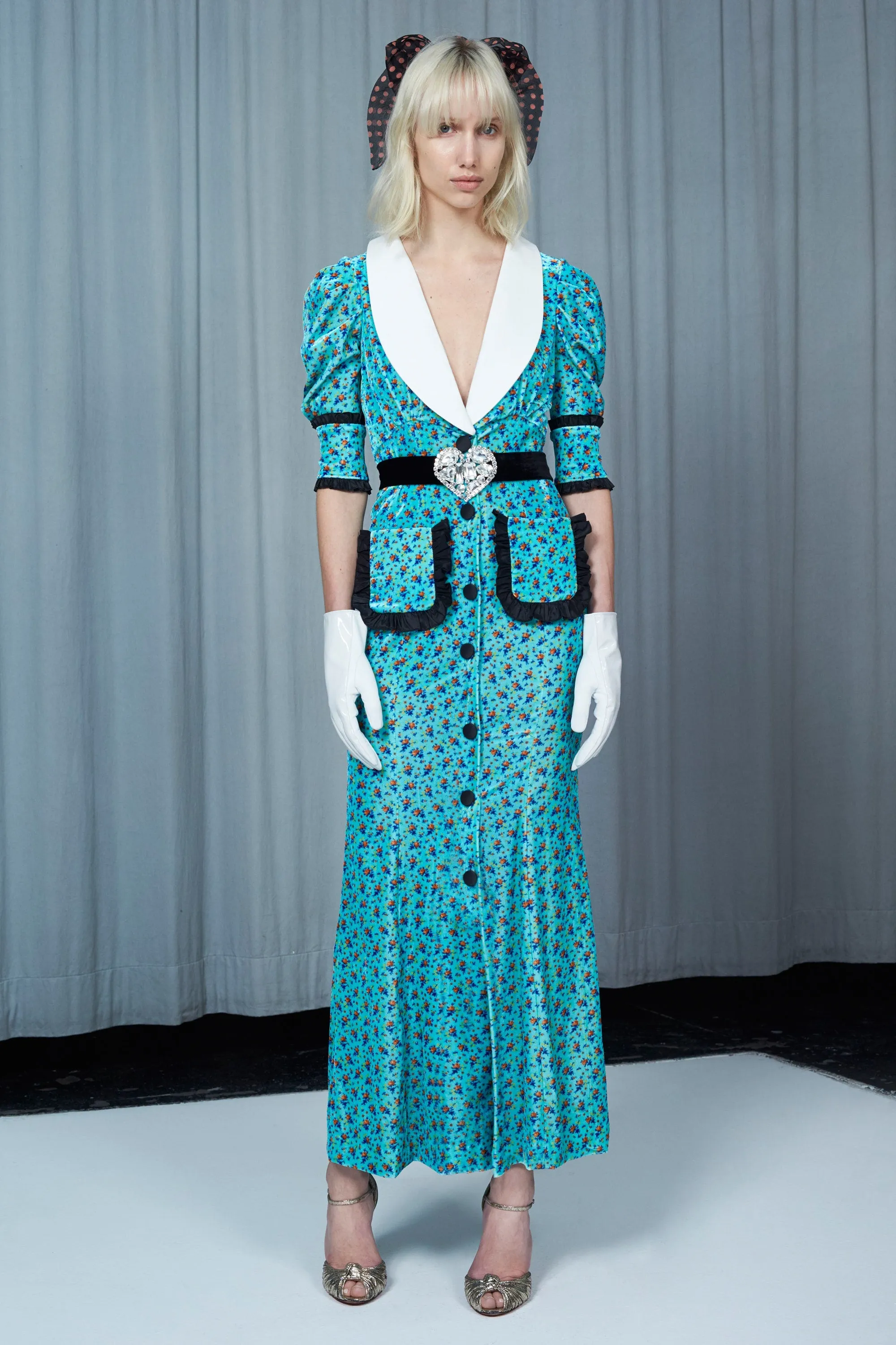 Gorgeous Fall 2017 Alessandra Rich Turquoise Velvet Dress w Ruffle & Collar