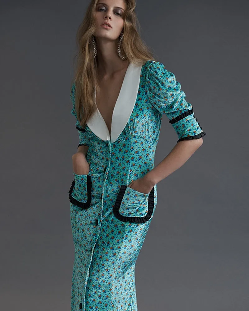Gorgeous Fall 2017 Alessandra Rich Turquoise Velvet Dress w Ruffle & Collar