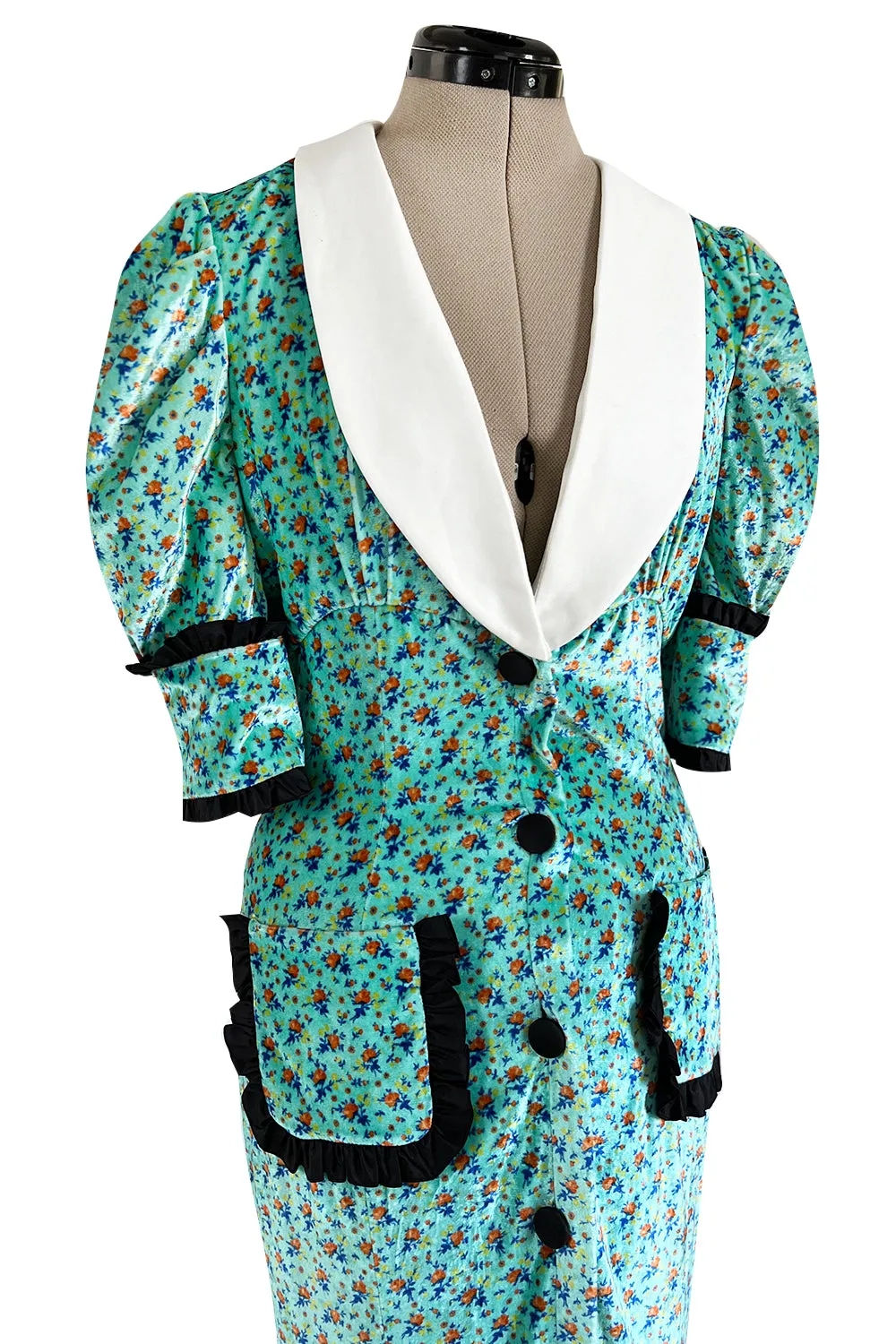 Gorgeous Fall 2017 Alessandra Rich Turquoise Velvet Dress w Ruffle & Collar