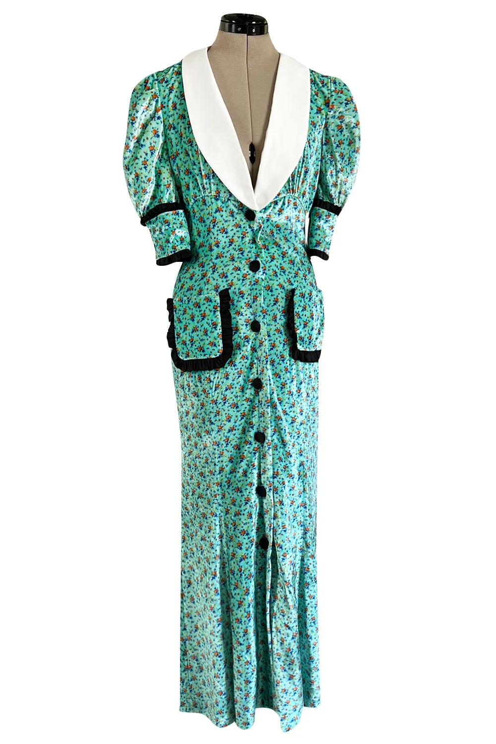 Gorgeous Fall 2017 Alessandra Rich Turquoise Velvet Dress w Ruffle & Collar