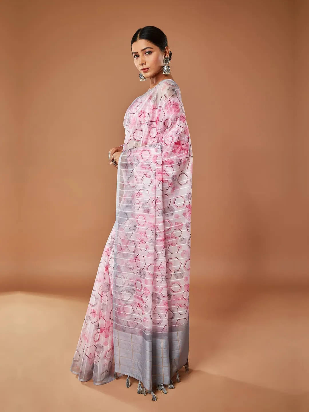 Graceful Pink Tissue Saree With Grey Border