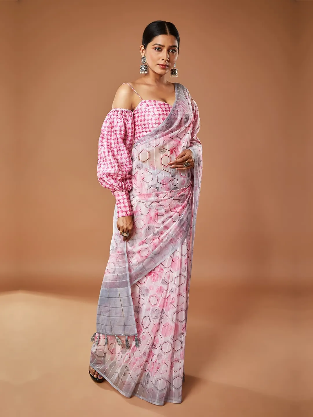 Graceful Pink Tissue Saree With Grey Border