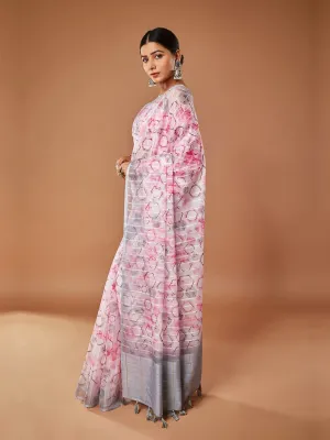 Graceful Pink Tissue Saree With Grey Border