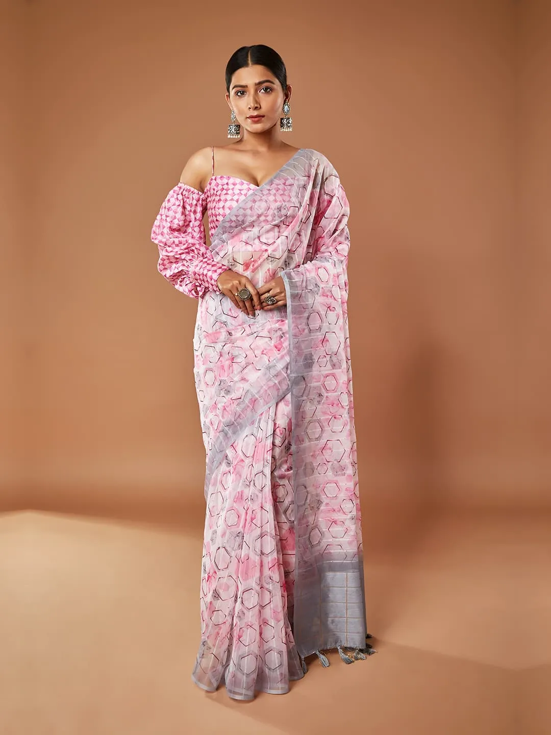 Graceful Pink Tissue Saree With Grey Border