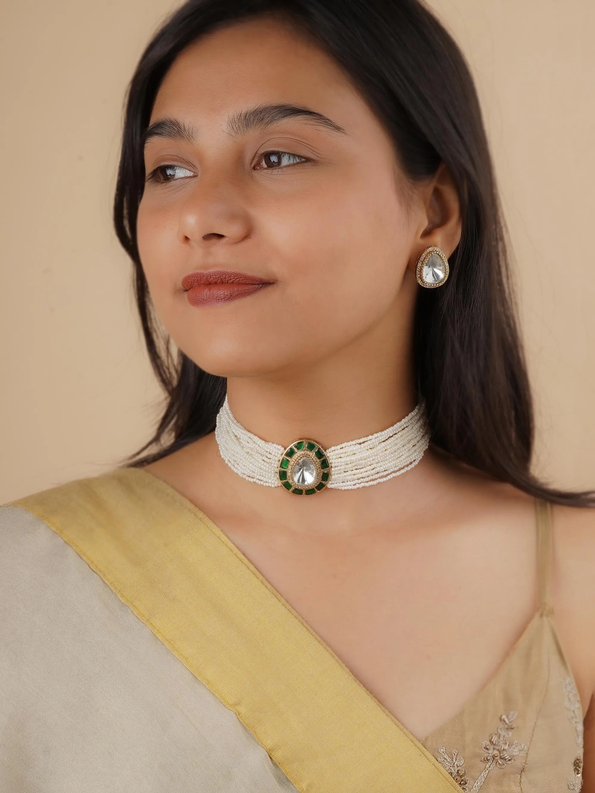 Green Color Gold Plated Faux Polki Necklace Set - PK-S151GR