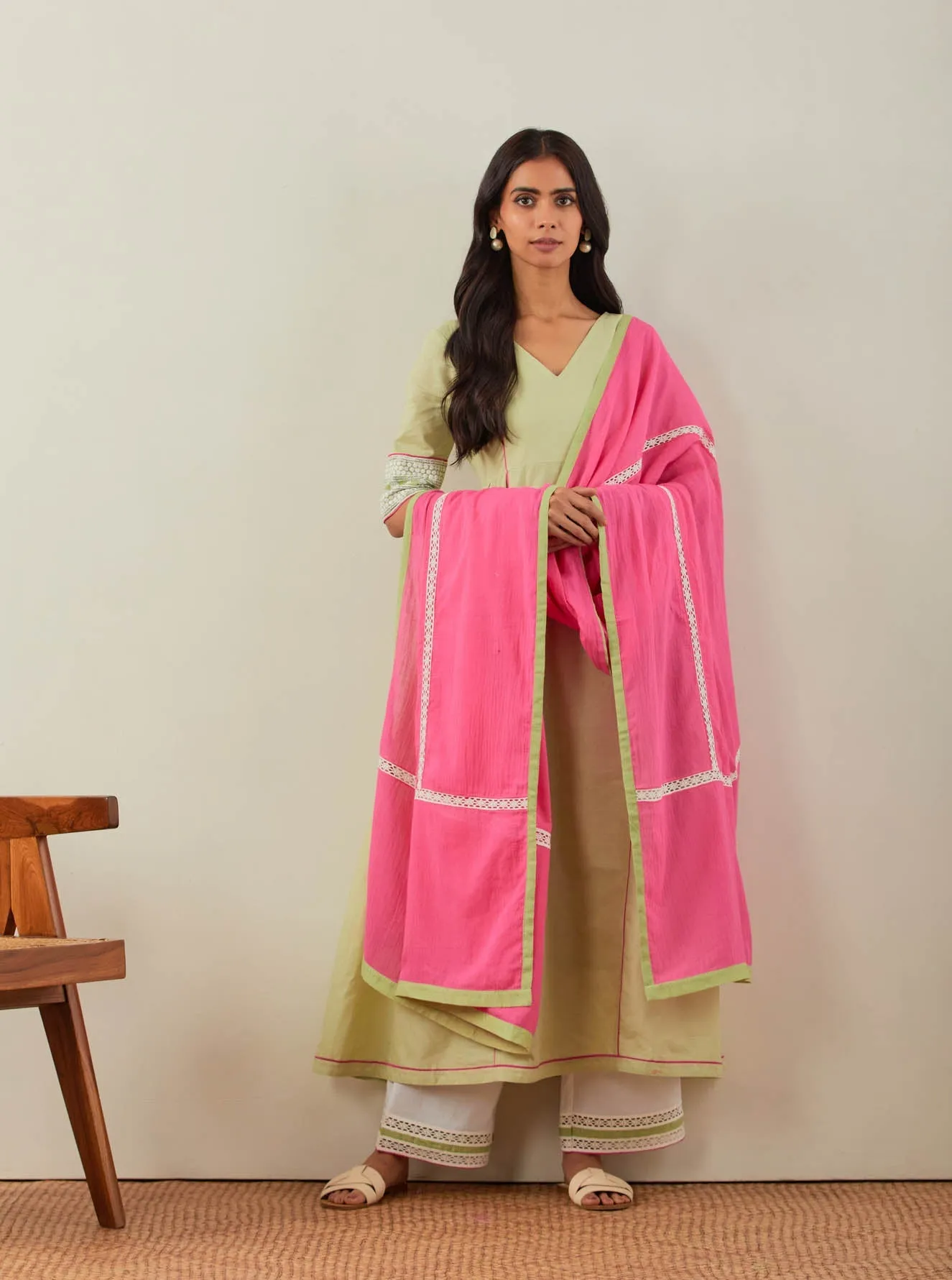 Green Plain Markab Anarkali Kurta With Chikankari Border and Palazzo with lace detail (Set of 2)