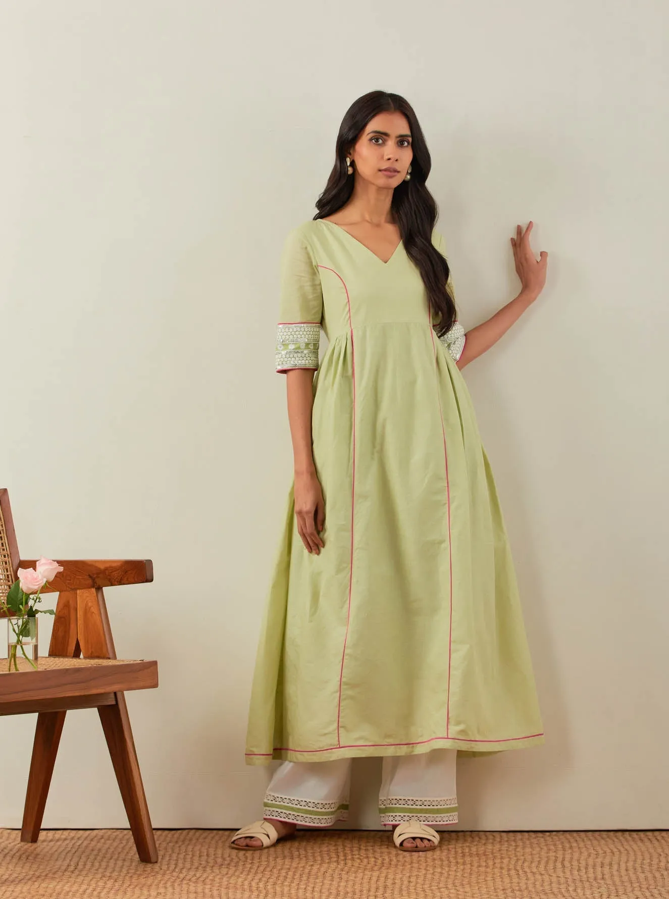 Green Plain Markab Anarkali Kurta With Chikankari Border and Palazzo with lace detail (Set of 2)