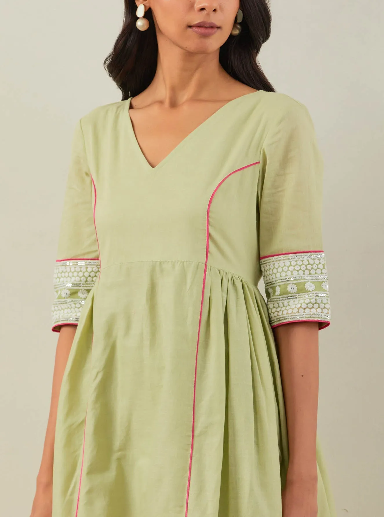 Green Plain Markab Anarkali Kurta With Chikankari Border and Palazzo with lace detail (Set of 2)