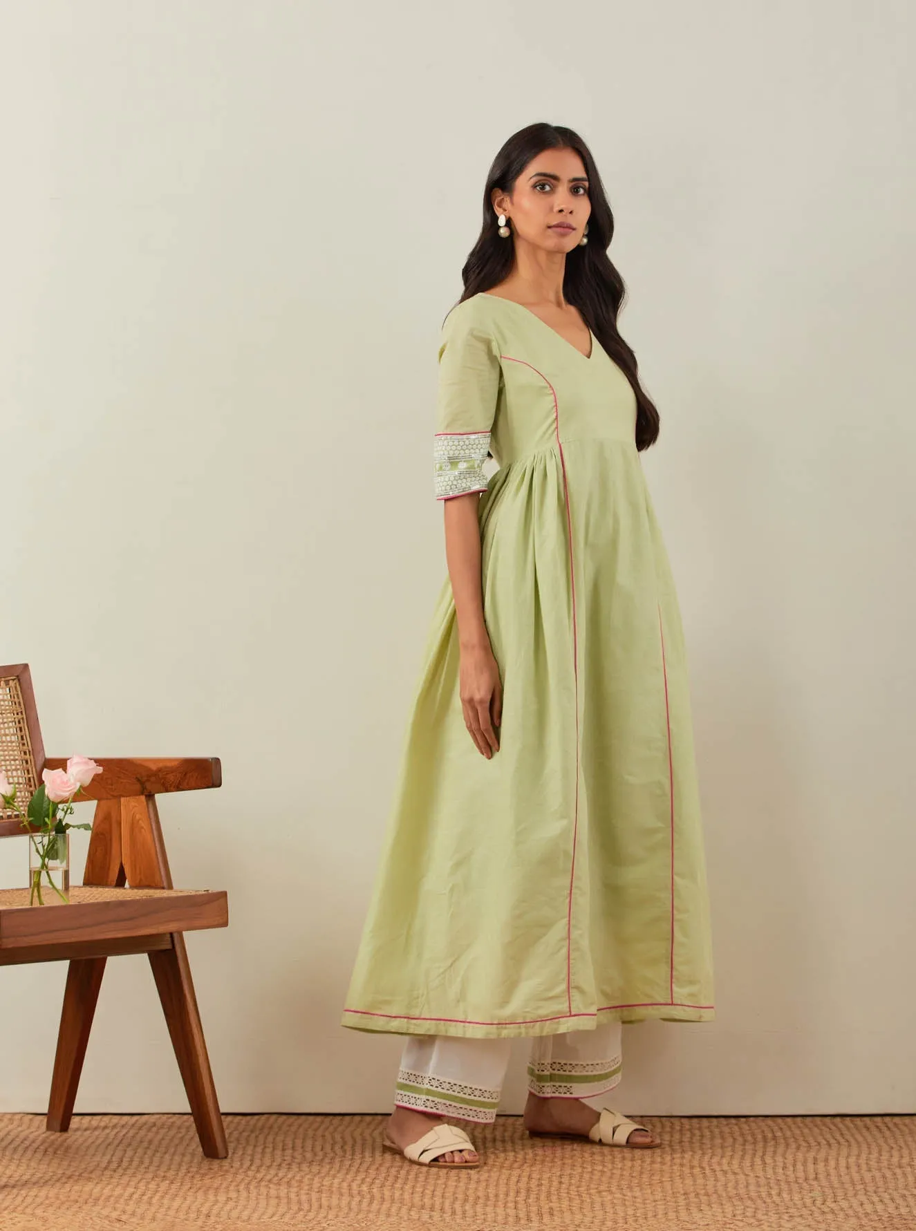 Green Plain Markab Anarkali Kurta With Chikankari Border and Palazzo with lace detail (Set of 2)
