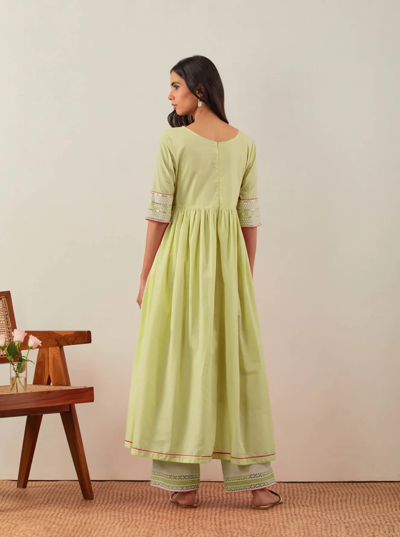 Green Plain Markab Anarkali Kurta With Chikankari Border and Palazzo with lace detail (Set of 2)