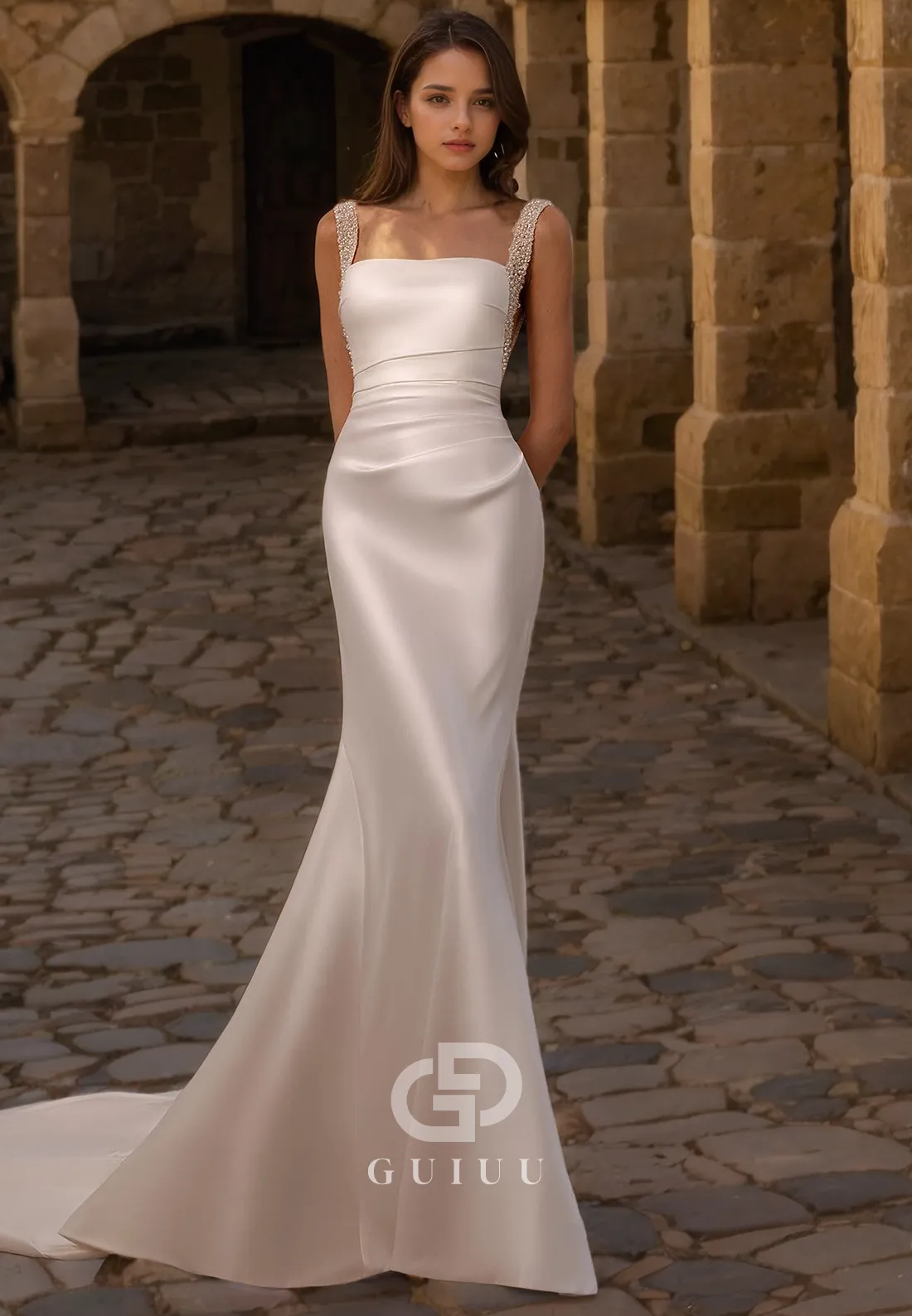 GW739 - Classic & Modern Mermaid Square Beaded Cut-Outs Wedding Dress with Overlay and Sweep Train