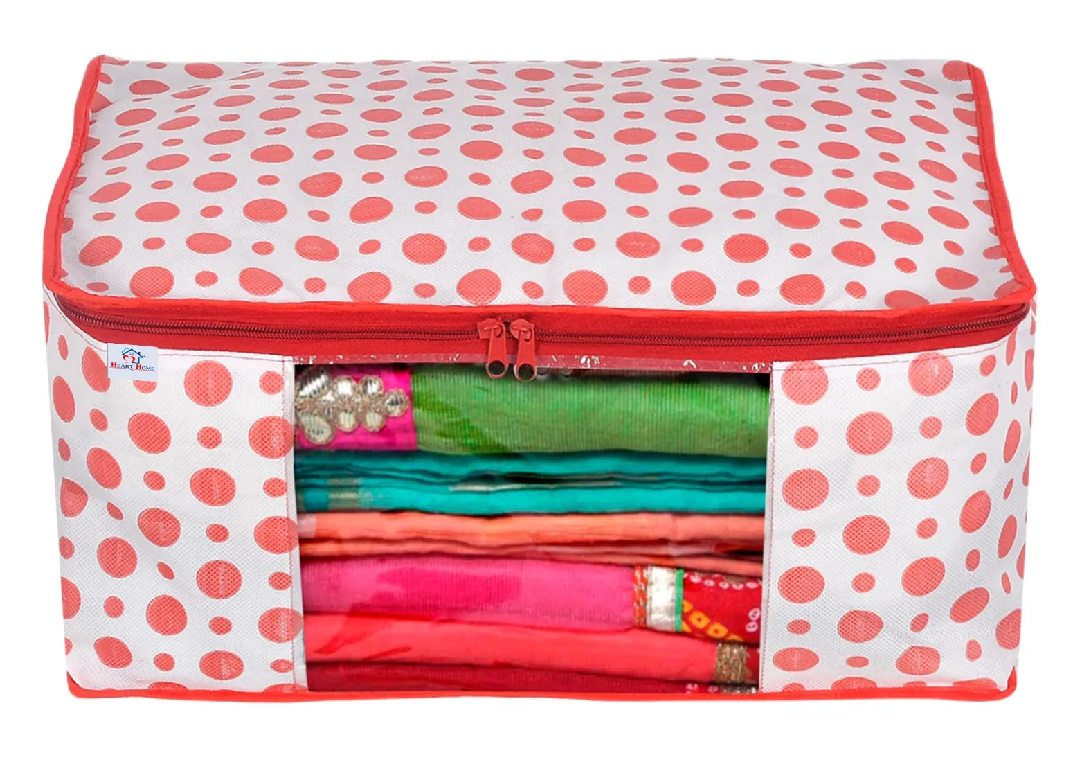 Heart Home Dot Printed Non-Woven Saree Cover, Cloth Organizer, Wardrobe Organiser With Tranasparent Window- Pack of 4 (Pink)-46HH0482