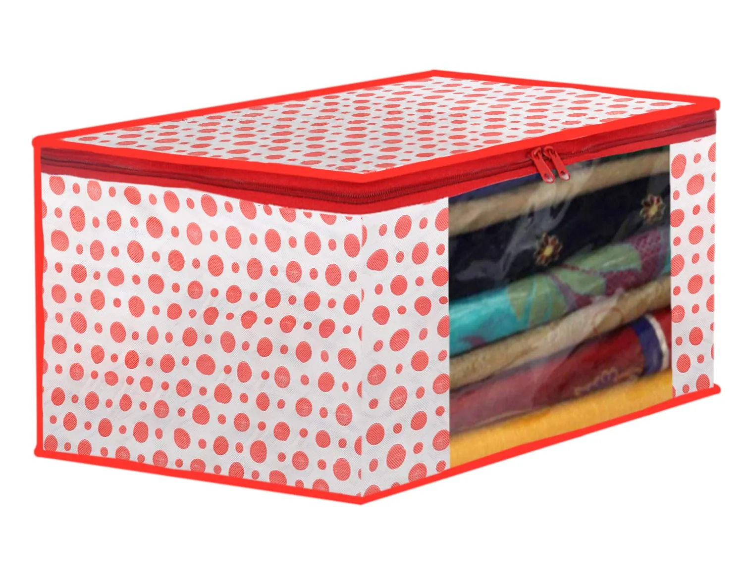 Heart Home Dot Printed Non-Woven Saree Cover, Cloth Organizer, Wardrobe Organiser With Tranasparent Window- Pack of 4 (Pink)-46HH0482