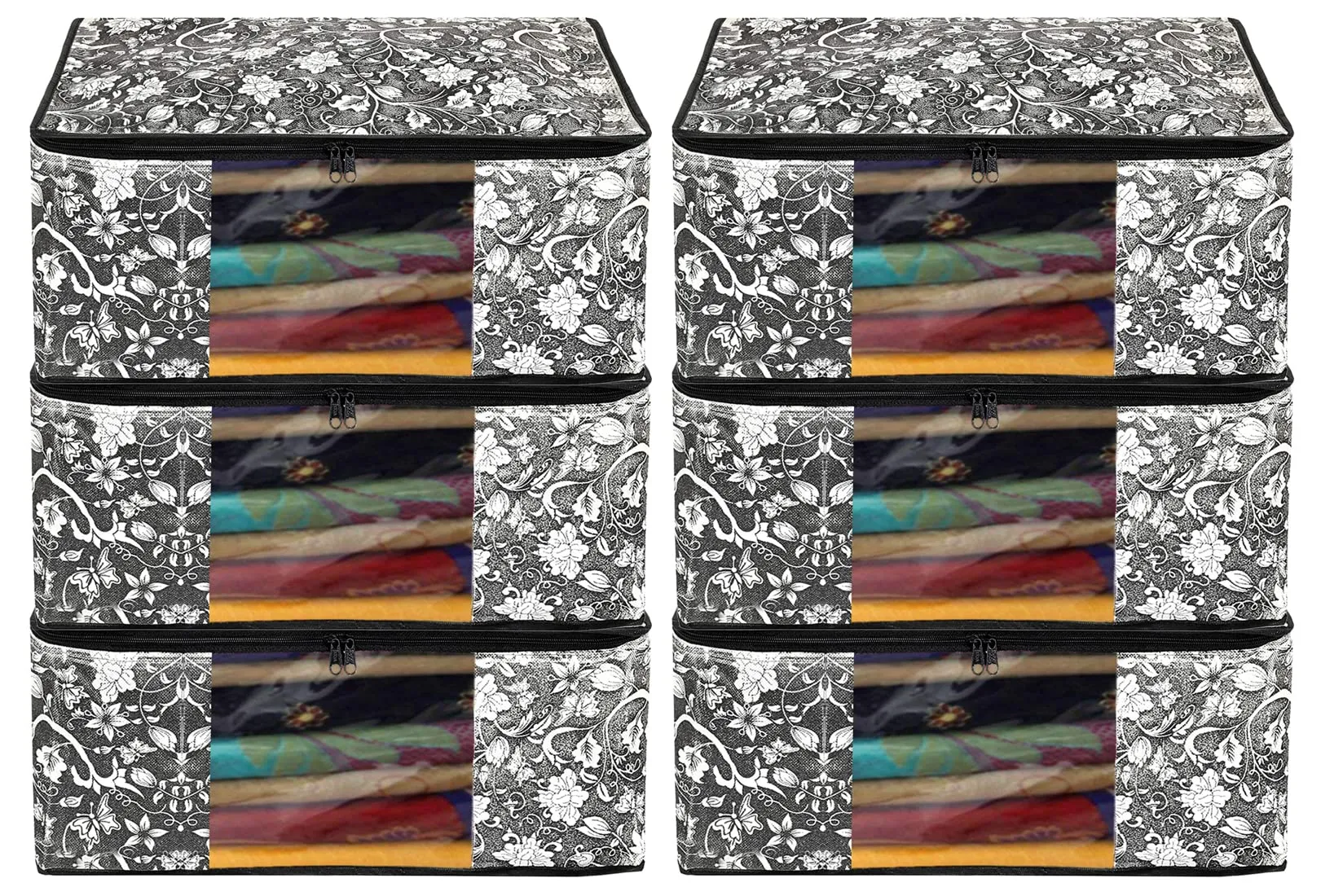Heart Home Flower Design Non-woven Sarees, Clothes Cover/Organizer With Transparent Window- Pack of 6 (Grey & Cream)-44HH0356